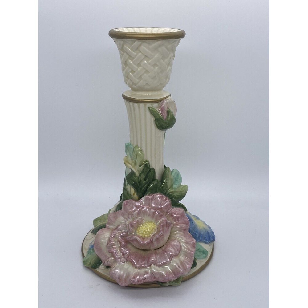 Set Of 2 FITZ and FLOYD Candlesticks‎ Cabbage Rose Flowers Floral-1 Repaired - Picture 2 of 10